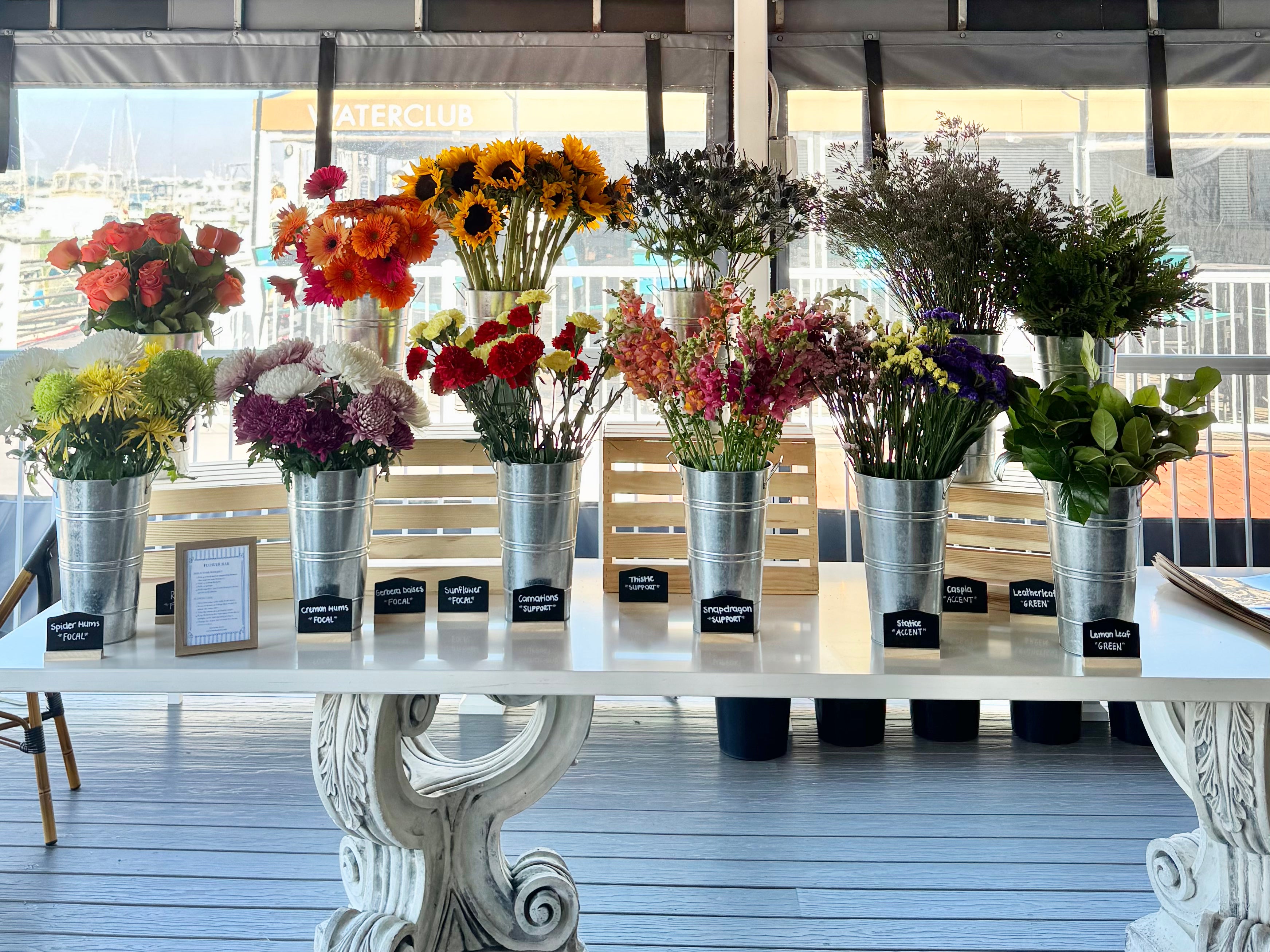 DIY flower bouquet bar set up for bridal shower, baby shower, event, or party